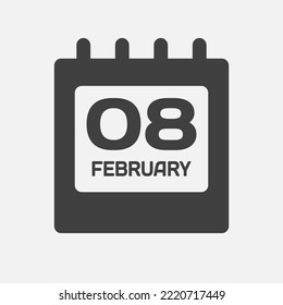 Icon page calendar day - 8 February. Days of the month, vector illustration flat style. 8th day of week Sunday, Monday, Tuesday, Wednesday, Thursday, Friday, Saturday. Date winter holidays in February