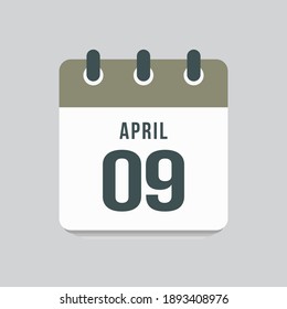Icon page calendar day - 9 April. Days of the month, vector illustration flat style. 9th date day of week Sunday, Monday, Tuesday, Wednesday, Thursday, Friday, Saturday. Spring holidays in April