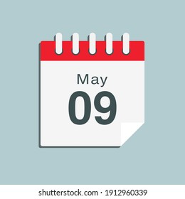Icon page calendar day - 9 May. Date day of week Sunday, Monday, Tuesday, Wednesday, Thursday, Friday, Saturday. 9th days of the month, vector illustration flat style. Spring holidays in May