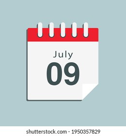 Icon page calendar day - 9 July. Date day of week Sunday, Monday, Tuesday, Wednesday, Thursday, Friday, Saturday. 9th days of the month, vector illustration flat style. Summer holidays in July