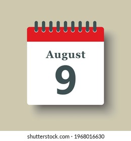 Icon page calendar day - 9 August. Date day of week Sunday, Monday, Tuesday, Wednesday, Thursday, Friday, Saturday. 9th days of the month, vector illustration flat style. Summer holidays in August