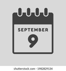 Icon page calendar day - 9 September. Date day week Sunday, Monday, Tuesday, Wednesday, Thursday, Friday, Saturday. 9th days of the month, vector illustration flat style. Autumn holidays in September