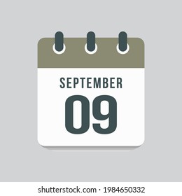 Icon page calendar day - 9 September. Date day week Sunday, Monday, Tuesday, Wednesday, Thursday, Friday, Saturday. 9th days of the month, vector illustration flat style. Autumn holidays in September