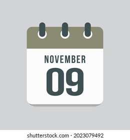 Icon page calendar day - 9 November. Date day week Sunday, Monday, Tuesday, Wednesday, Thursday, Friday, Saturday. 9th days of the month, vector illustration flat style. Autumn holidays in November