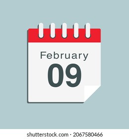 Icon page calendar day - 9 February. Date day week Sunday, Monday, Tuesday, Wednesday, Thursday, Friday, Saturday. 9th days of the month, vector illustration flat style. Winter holidays in February