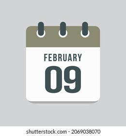 Icon page calendar day - 9 February. Date day week Sunday, Monday, Tuesday, Wednesday, Thursday, Friday, Saturday. 9th days of the month, vector illustration flat style. Winter holidays in February