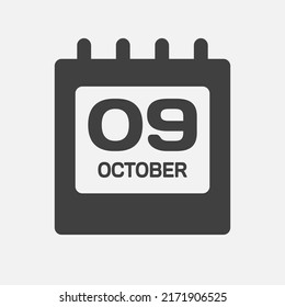 Icon page calendar day - 9 October. Days of the month, vector flat style. Day of week Sunday, Monday, Tuesday, Wednesday, Thursday, Friday, Saturday. Date autumn holidays in Ocotber. Number nine