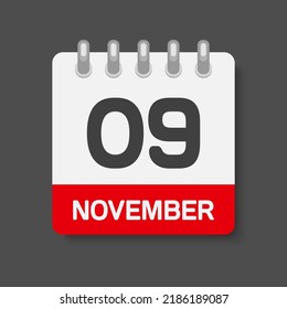 Icon Page Calendar Day - 9 November. Days Of The Month, Vector Illustration Flat Style. 9th Day Week Sunday, Monday, Tuesday, Wednesday, Thursday, Friday, Saturday. Date Autumn Holidays In November