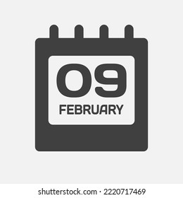 Icon page calendar day - 9 February. Days of the month, vector illustration flat style. 9th day of week Sunday, Monday, Tuesday, Wednesday, Thursday, Friday, Saturday. Date winter holidays in February