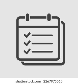 Icon page calendar - to do list with mark done. Symbol yes, success, check, approved, confirm. Reminder, schedule line simple sign. Concept can be used for presentation, layout, banner, graph