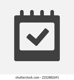 Icon page calendar - mark done. Symbol yes, success, check, approved, confirm. Reminder, schedule line simple sign. Concept can be used for presentation, layout, banner, graph