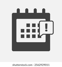 Icon page calendar - pop up message with exclamation point. Mark alert, problem, warning, error. Reminder, schedule line simple sign. Concept can be used for presentation, layout, banner, graph