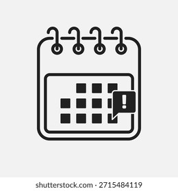 Calendário da página do ícone - mensagem pop-up com ponto de exclamação. Marcar alerta, problema, aviso, erro. Lembrete, sinal simples de linha de agendamento. Conceito pode ser usado para apresentação, layout, banner, gráfico