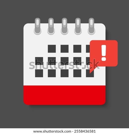 Icon page calendar - pop up message with exclamation point. Mark alert, problem, warning, error. Reminder, schedule line simple sign. Concept can be used for presentation, layout, banner, graph