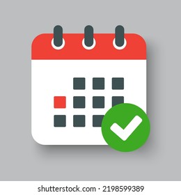 Icon page calendar - popup message with mark done. Symbol yes, success, check, approved, confirm. Reminder, schedule line simple sign. Concept can be used for presentation, layout, banner, graph