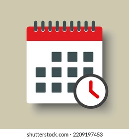 Icon page calendar - popup message with timer or clock. Symbol time, watch, 24 hour, countdown. Reminder chronometer, pointer, stopwatch. Concept can be used for presentation, layout, banner