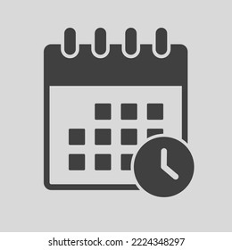Icon page calendar - popup message with timer or clock. Symbol time, watch, 24 hour, countdown. Reminder chronometer, pointer, stopwatch. Concept can be used for presentation, layout, banner
