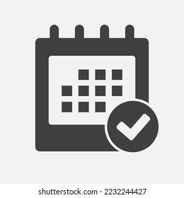Icon page calendar - popup message with mark done. Symbol yes, success, check, approved, confirm. Reminder, schedule line simple sign. Concept can be used for presentation, layout, banner, graph