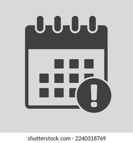 Icon page calendar - popup message with exclamation point. Mark alert, problem, warning, error. Reminder, schedule line simple sign. Concept can be used for presentation, layout, banner, graph