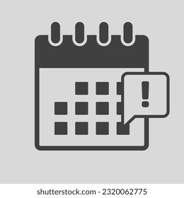 Icon page calendar - popup message with exclamation point. Mark alert, problem, warning, error. Reminder, schedule line simple sign. Concept can be used for presentation, layout, banner, graph