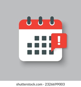 Icon page calendar - popup message with exclamation point. Mark alert, problem, warning, error. Reminder, schedule line simple sign. Concept can be used for presentation, layout, banner, graph