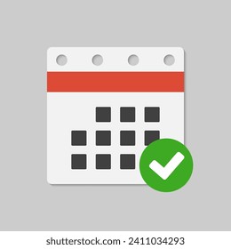 Icon page calendar - popup message with mark done. Symbol yes, success, check, approved, confirm. Reminder, schedule line simple sign. Concept can be used for presentation, layout, banner, graph