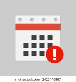 Icon page calendar - popup message with exclamation point. Mark alert, problem, warning, error. Reminder, schedule line simple sign. Concept can be used for presentation, layout, banner, graph