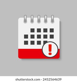Icon page calendar - popup message with exclamation point. Mark alert, problem, warning, error. Reminder, schedule line simple sign. Concept can be used for presentation, layout, banner, graph