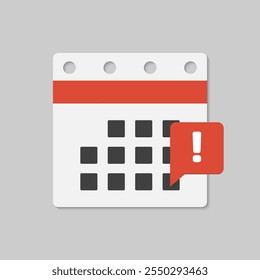 Icon page calendar - popup message with exclamation point. Mark alert, problem, warning, error. Reminder, schedule line simple sign. Concept can be used for presentation, layout, banner, graph