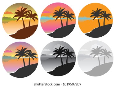 Icon with a palm tree in a circle. Set of icons with palm trees. Graphic vector image of palm trees