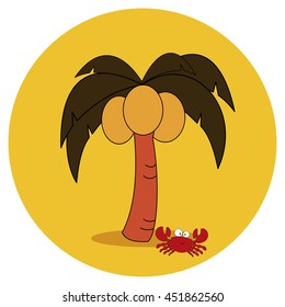 Icon palm tree and coconuts. Crab on the sand. Vector illustration.