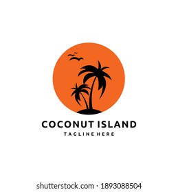 Icon with Palm Trees Silhouette on Island Isolated in Moon Background