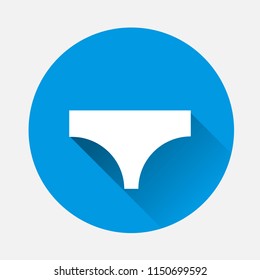Icon of panties in a circle with  long shadow on blue background. Layers grouped for easy editing illustration. For your design.