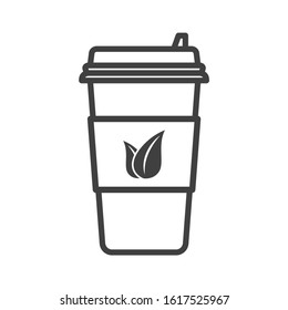 Icon paper cup for tea with a plastic cap. Linear execution. Image of tea leaves on the label. Isolated vector on a white background.
