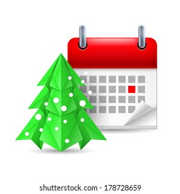 Icon of paper pine and calendar with marked day. Christmas and New Year Day