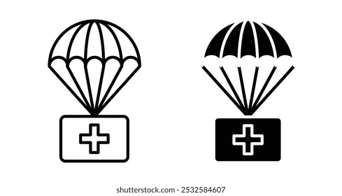 Icon of a parachute carrying a first aid kit, symbolizing emergency, aid, or rescue.