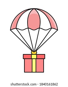 An icon of a parachute delivering a box. Illustration of delivering a gift via hot air balloon.