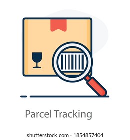 Icon of parcel tracking, package under magnifying glass 