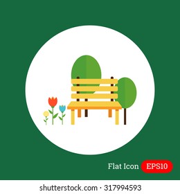 Icon of park bench, trees and flowerbed
