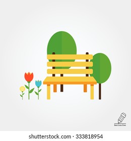Icon of park bench, trees and flowerbed