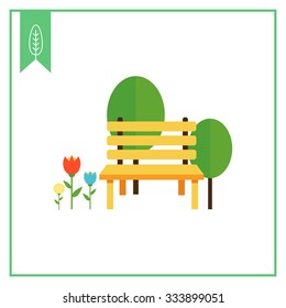 Icon of park bench, trees and flowerbed