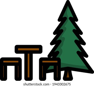 Icon Of Park Seat And Pine Tre. Editable Bold Outline With Color Fill Design. Vector Illustration.