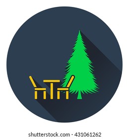Icon of park seat and pine tree . Flat design. Vector illustration.