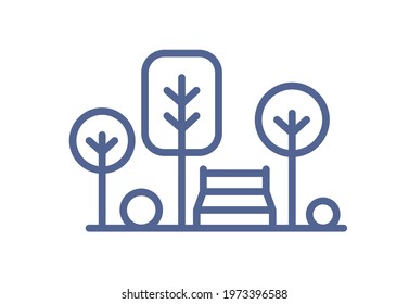 Icon of park with trees and bench in line art style. Lineart landscape with plants and resting area. Outlined nature sign for UI design. Simple linear flat vector illustration isolated on white