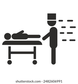 icon patient lying on medical roller bed, doctor symbol, hospital bed,  flat vector illustration on white background