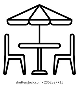 Icon of patio furniture or garden table with umbrella and chairs
