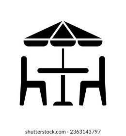 Icon of patio furniture or garden table with umbrella and chairs
