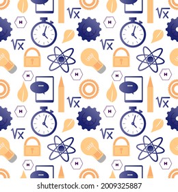 Icon pattern for scientific and laboratory interfaces. Light bulb, star, graphic, start, stop, magnifier, test tubes, molecule, lock symbols. Colored seamless ornament on a white background.