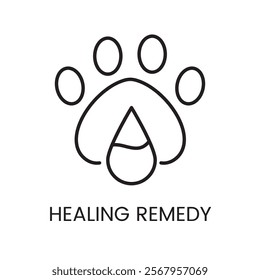 An icon of a paw print with a liquid drop in vector, representing healing remedies for animals, with an editable stroke.
