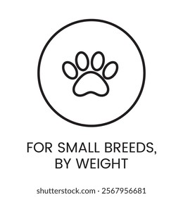 An icon of a paw print within a circle in vector, symbolizing care and products for small breed pets, with an editable stroke.